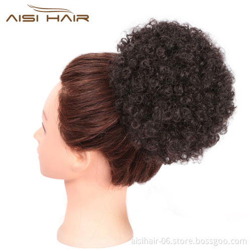 Aisi Hair Color 4# Short Kinky Fluffy Synthetic Hair Bun Ponytail Afro Short Puff Curly Chignon Hair Extension For Black Women